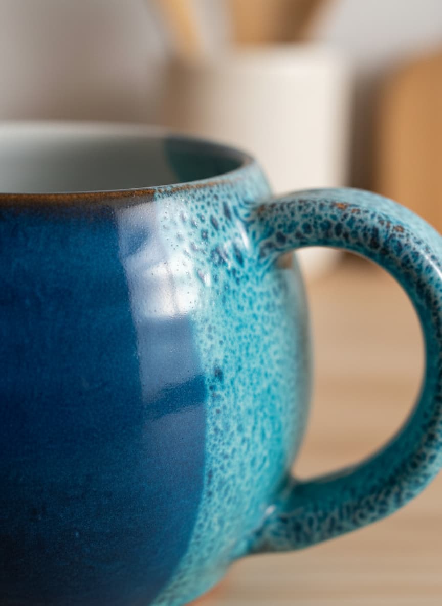 Close-up of the textured reactive glaze on a durable, handcrafted stoneware coffee cup handle.