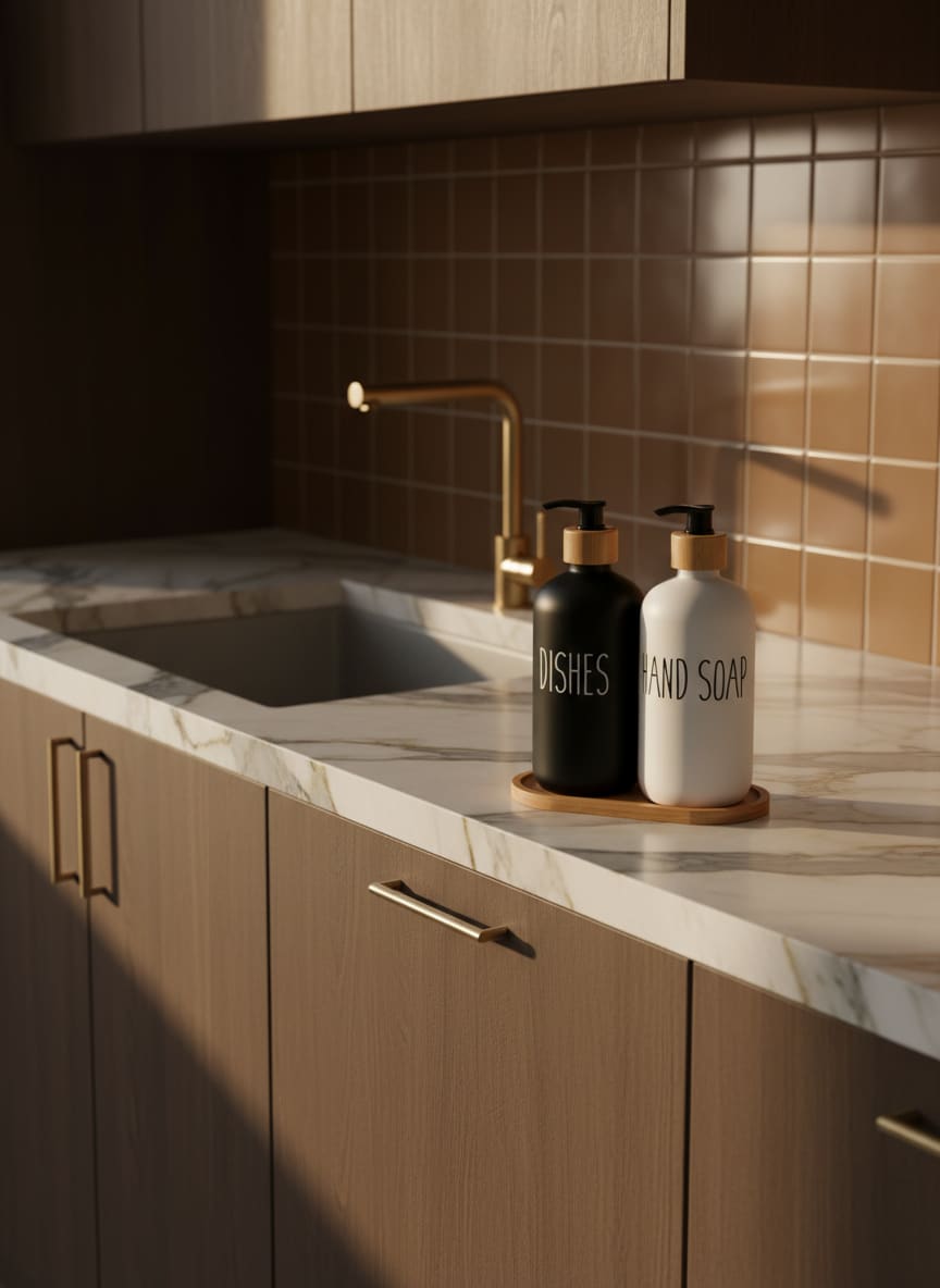 Elegant Scandinavian design soap dispenser duo in matte finish with premium bamboo accents for a modern Egyptian home.