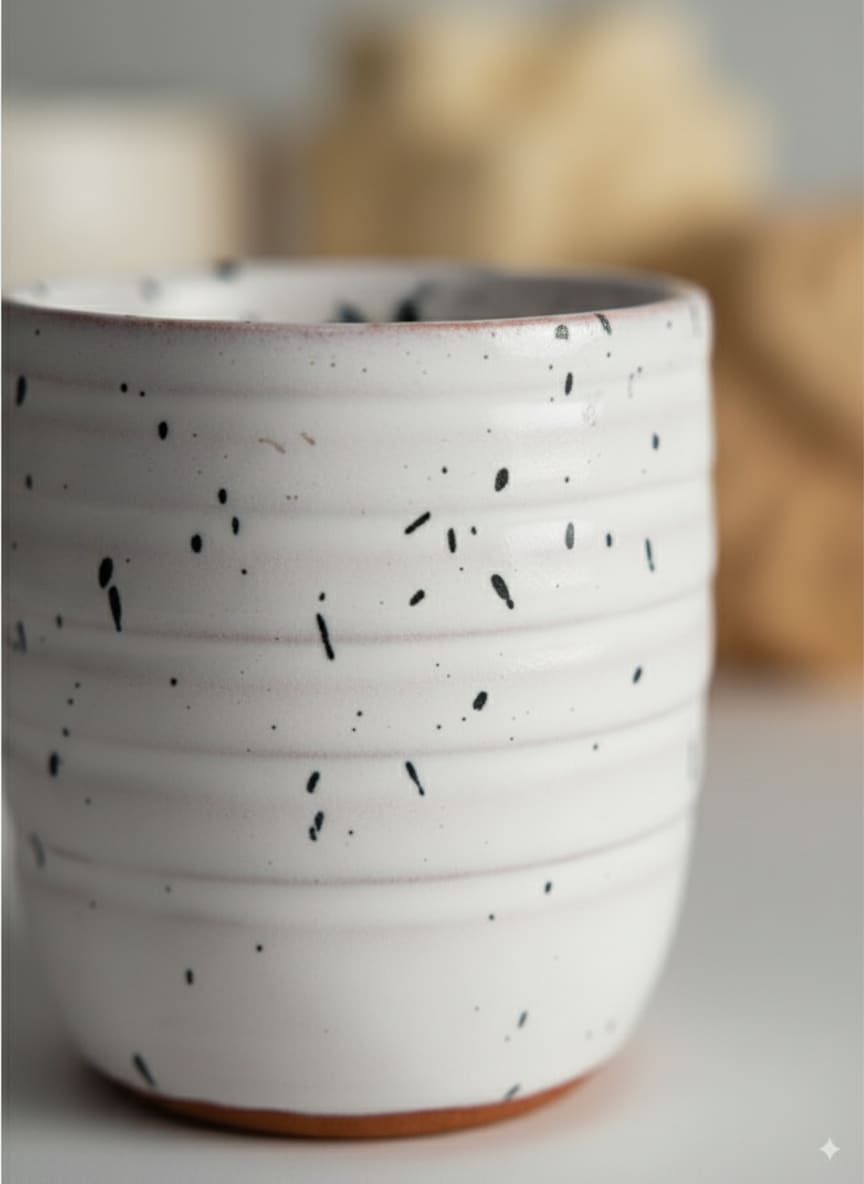 Close-up of the textured throwing rings and glazed interior of a handmade pottery cup.