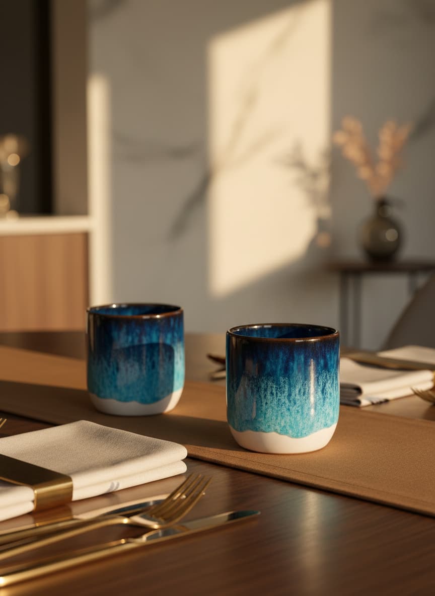Artisanal tumbler featuring a stunning deep navy to white gradient glaze.