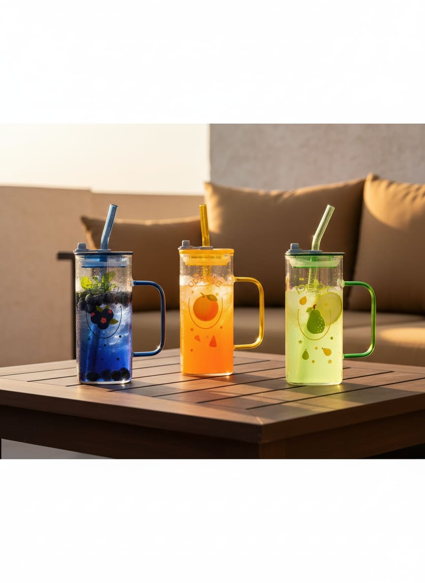 Elegant CasaHome glass drinkware set featuring vibrant fruit illustrations and matching colored straws and handles.