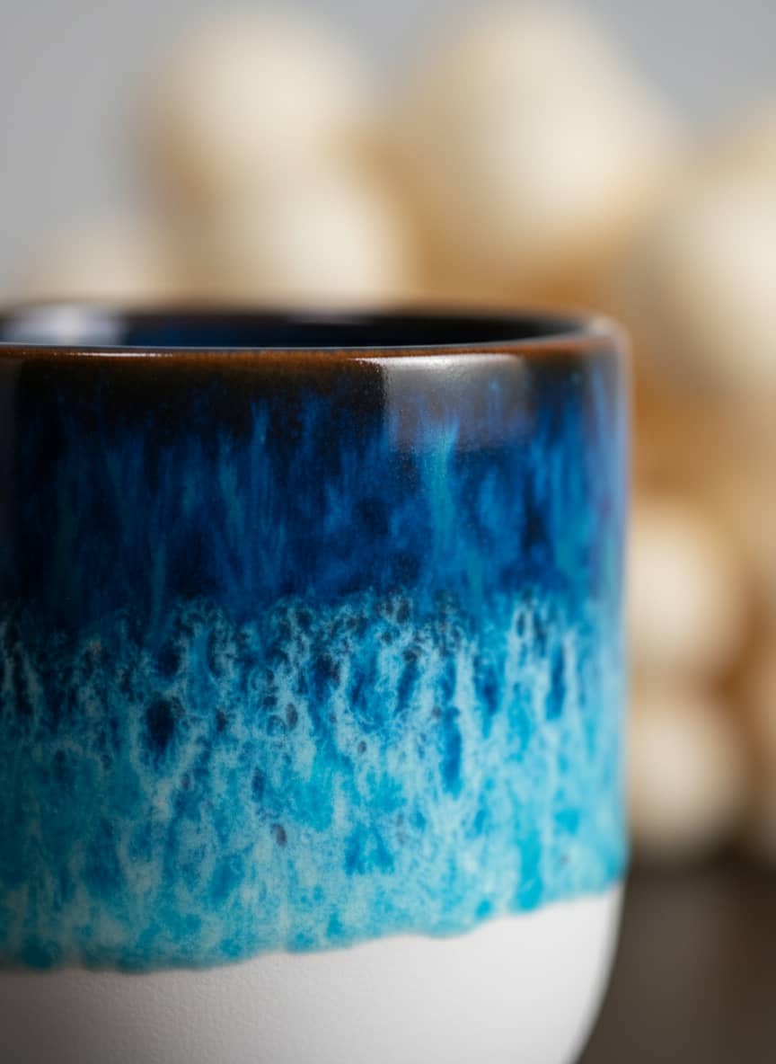 Close-up of the durable, smooth fired clay and unique ocean-inspired glaze.