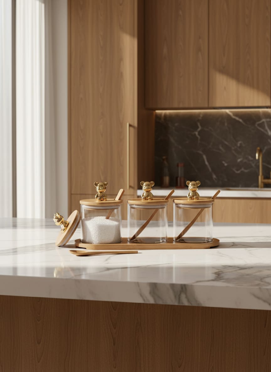 Elegant kitchen storage set with polished golden bear handles on natural bamboo lids, adding a touch of charm.