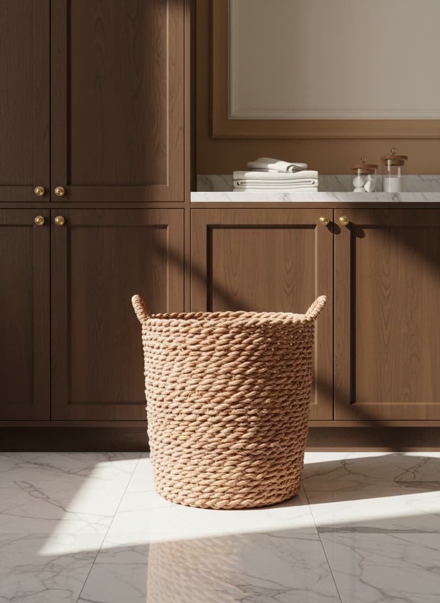 Elegantly handcrafted boho-style rope basket adding a touch of rustic charm to any room.