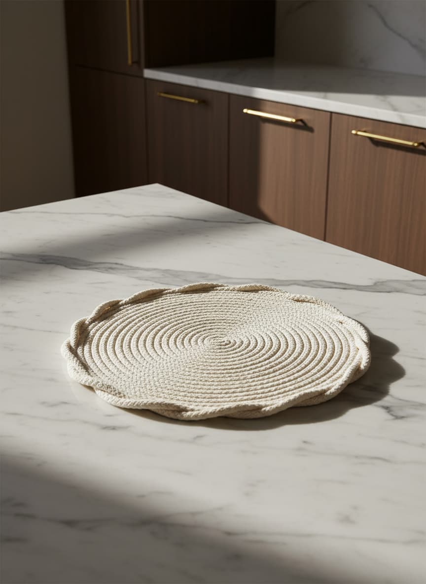 Elegant handcrafted macrame-style cotton table protector with a scalloped edge, adding rustic charm.