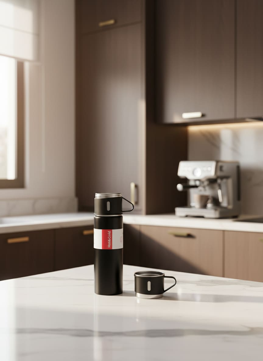 Insulated travel flask with cups, perfect for sharing hot tea on family trips in Egypt.