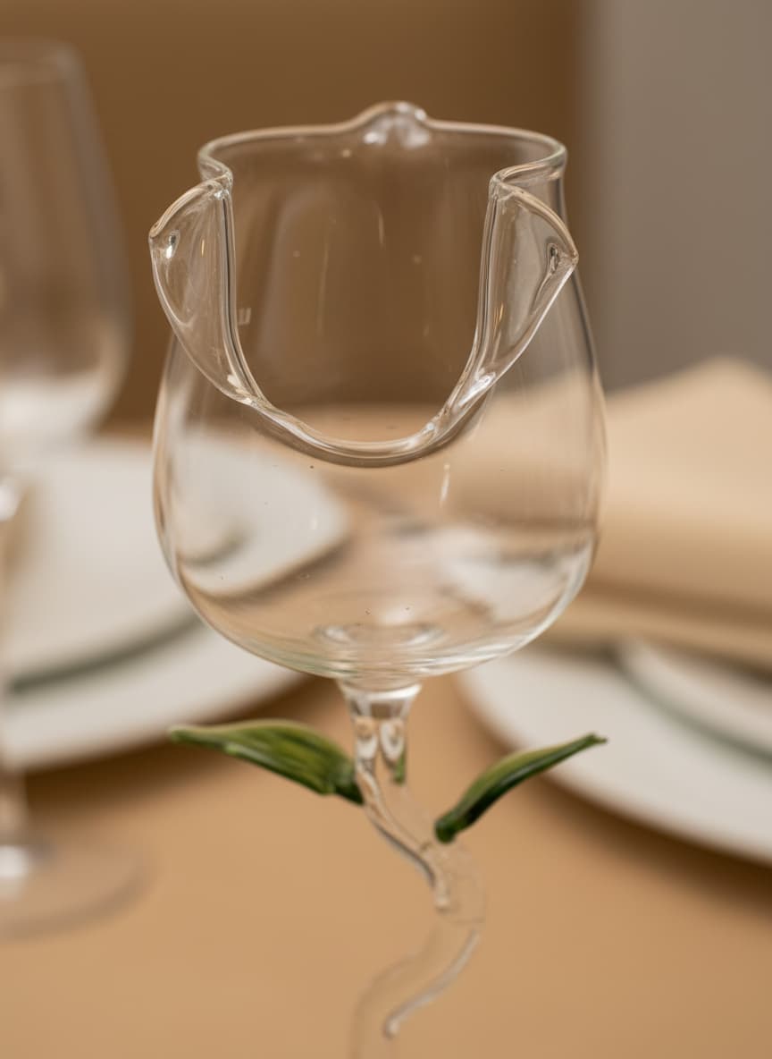 Close-up of the sculpted petal rim and green leaf detail on the stem of a rose-shaped glass.