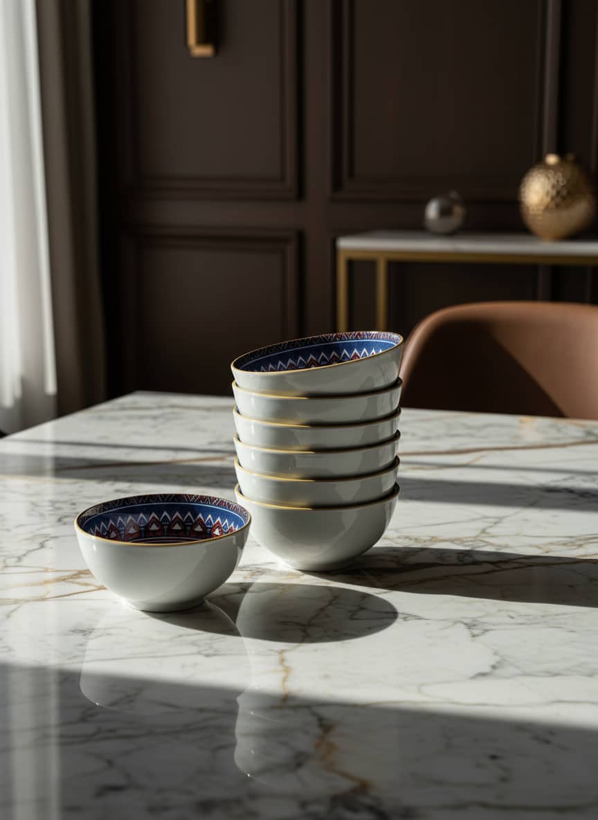 Exquisite porcelain bowls with intricate blue and red patterns and a delicate gold rim accent.