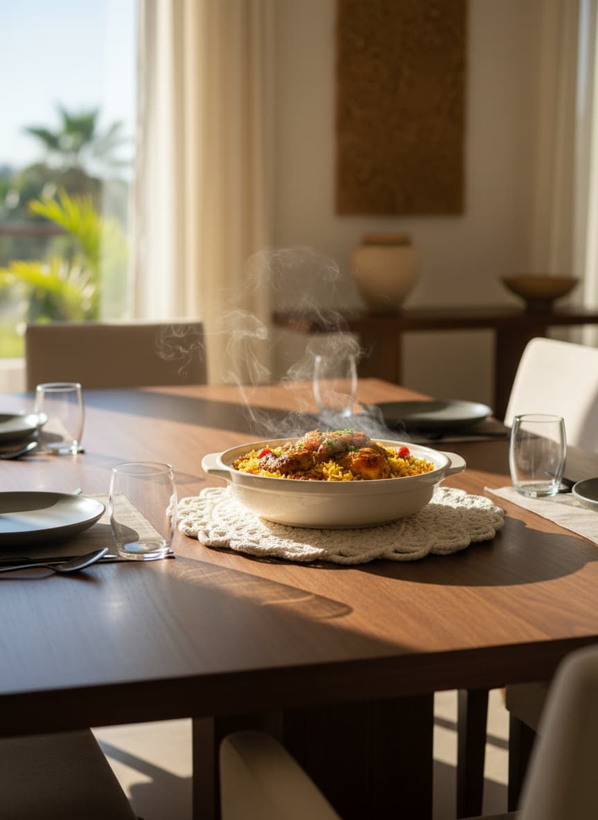 A braided cotton trivet protecting a wooden table from a hot serving dish during a family meal in Egypt.