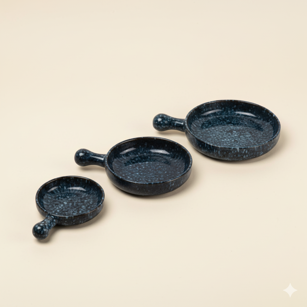 3-Piece Speckled Blue Pottery Serving Set with Handles