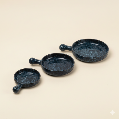 3-Piece Speckled Blue Pottery Serving Set with Handles