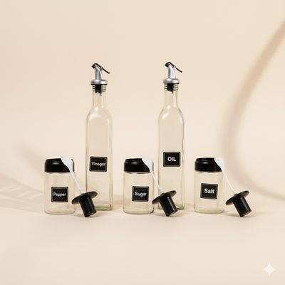 5-Piece Glass Condiment Set for Oil, Vinegar & Spices
