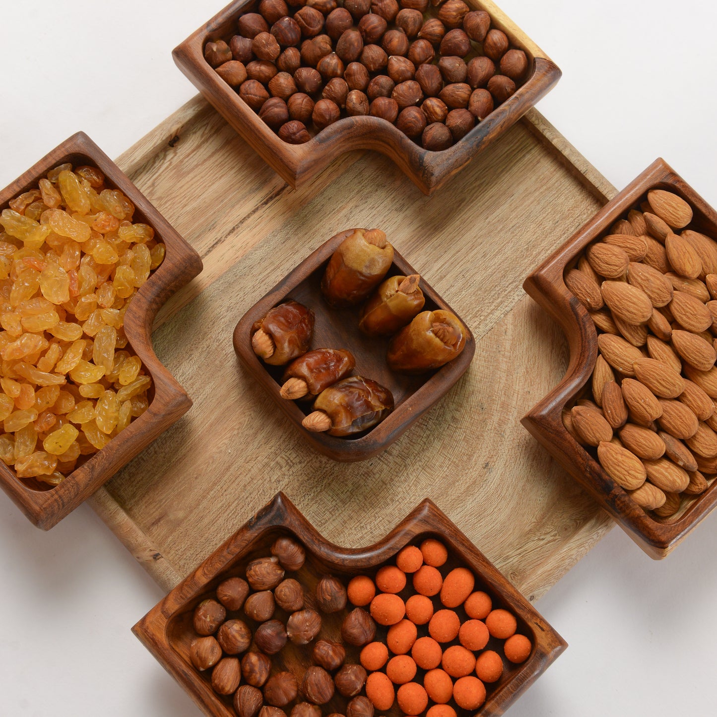 Square Rosewood Snack Platter – Elegant Wooden Serving Tray with 5 Bowls