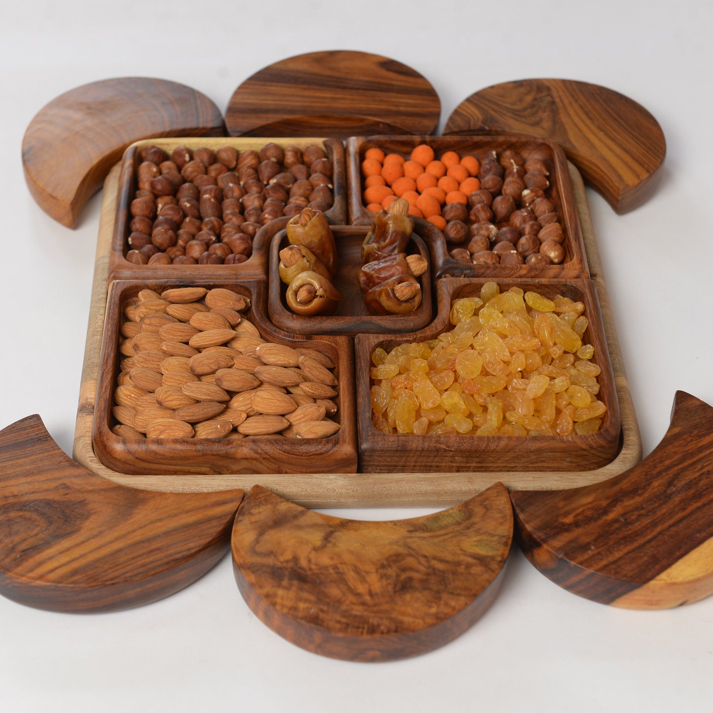 Square Rosewood Snack Platter – Elegant Wooden Serving Tray with 5 Bowls