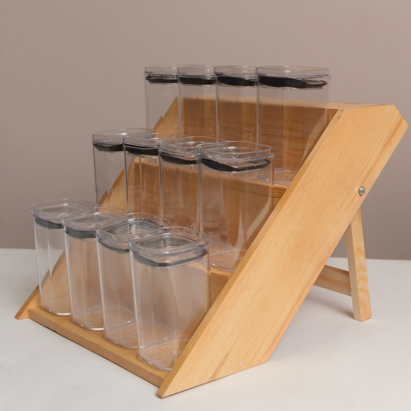 3 Tier Natural Wood Spice Rack with 12 Clear Storage Jars – Elegant Kitchen Organizer