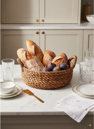 Round Handwoven Halfa Serving Basket with Handles