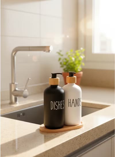 Chic Soap Dispenser Set with Bamboo Tray - 500ml Bottles
