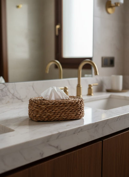 Elegant handcrafted esparto grass tissue dispenser, a sophisticated and organic accent for upscale home interiors.