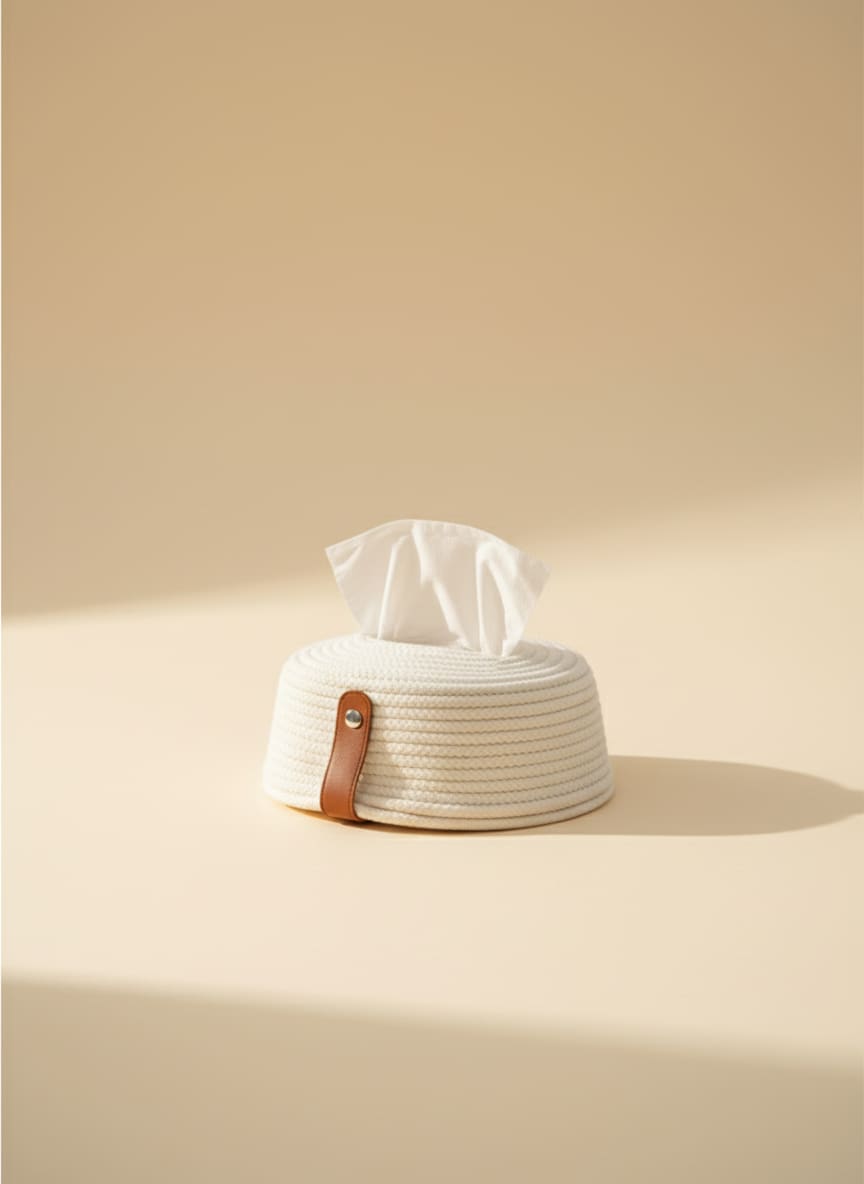 Elegant Macrame Tissue Box Cover with Leather Accent