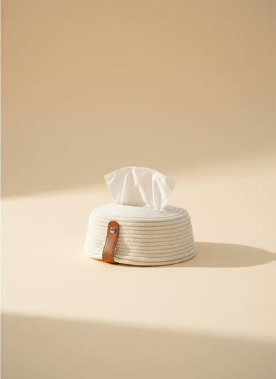 Elegant Macrame Tissue Box Cover with Leather Accent