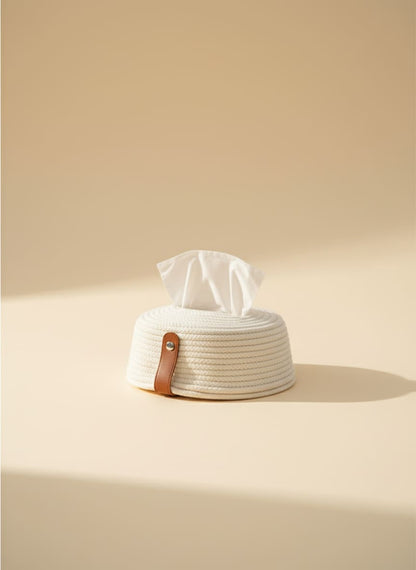 Elegant Macrame Tissue Box Cover with Leather Accent