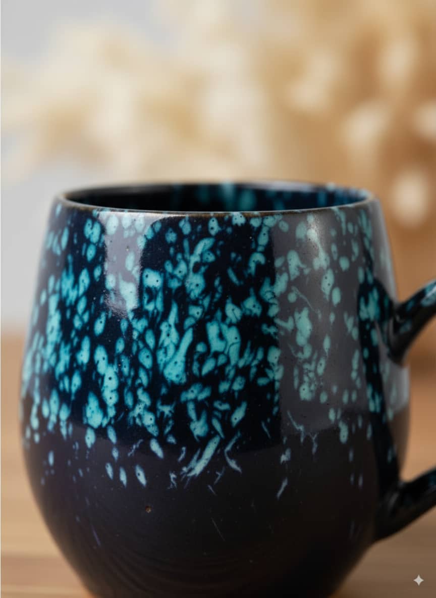 Close-up of the textured speckled glaze and smooth, comfortable handle on a handmade ceramic cup.