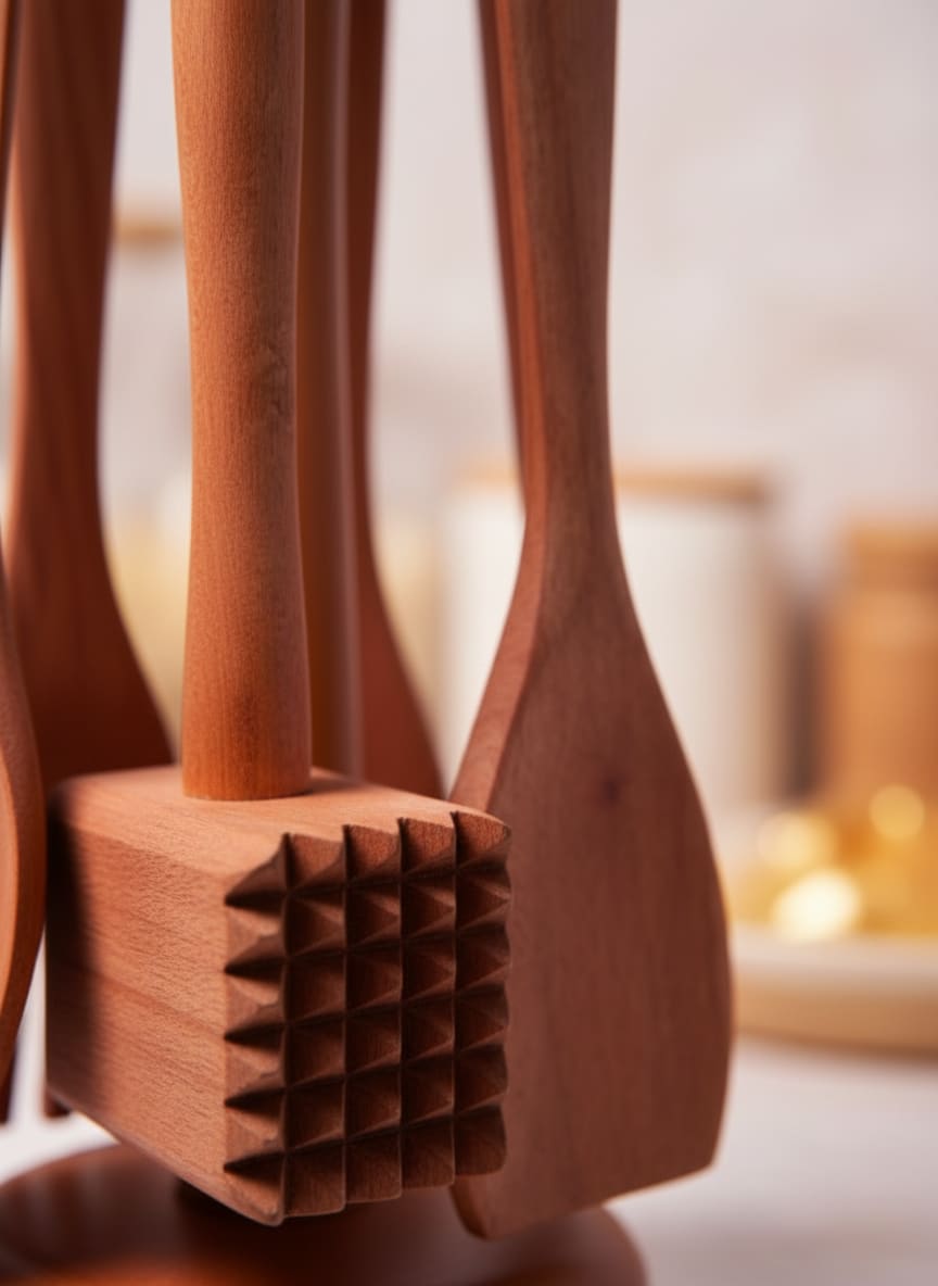 Close-up of the durable meat tenderizer and spatula from the wooden kitchen set.
