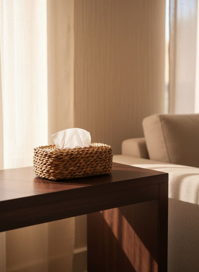 Natural oval tissue box holder adding a warm, earthy touch to a modern Egyptian living room side table.