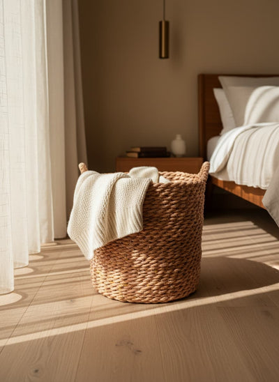 Versatile rope basket used for storing blankets and toys in a modern Egyptian living room.