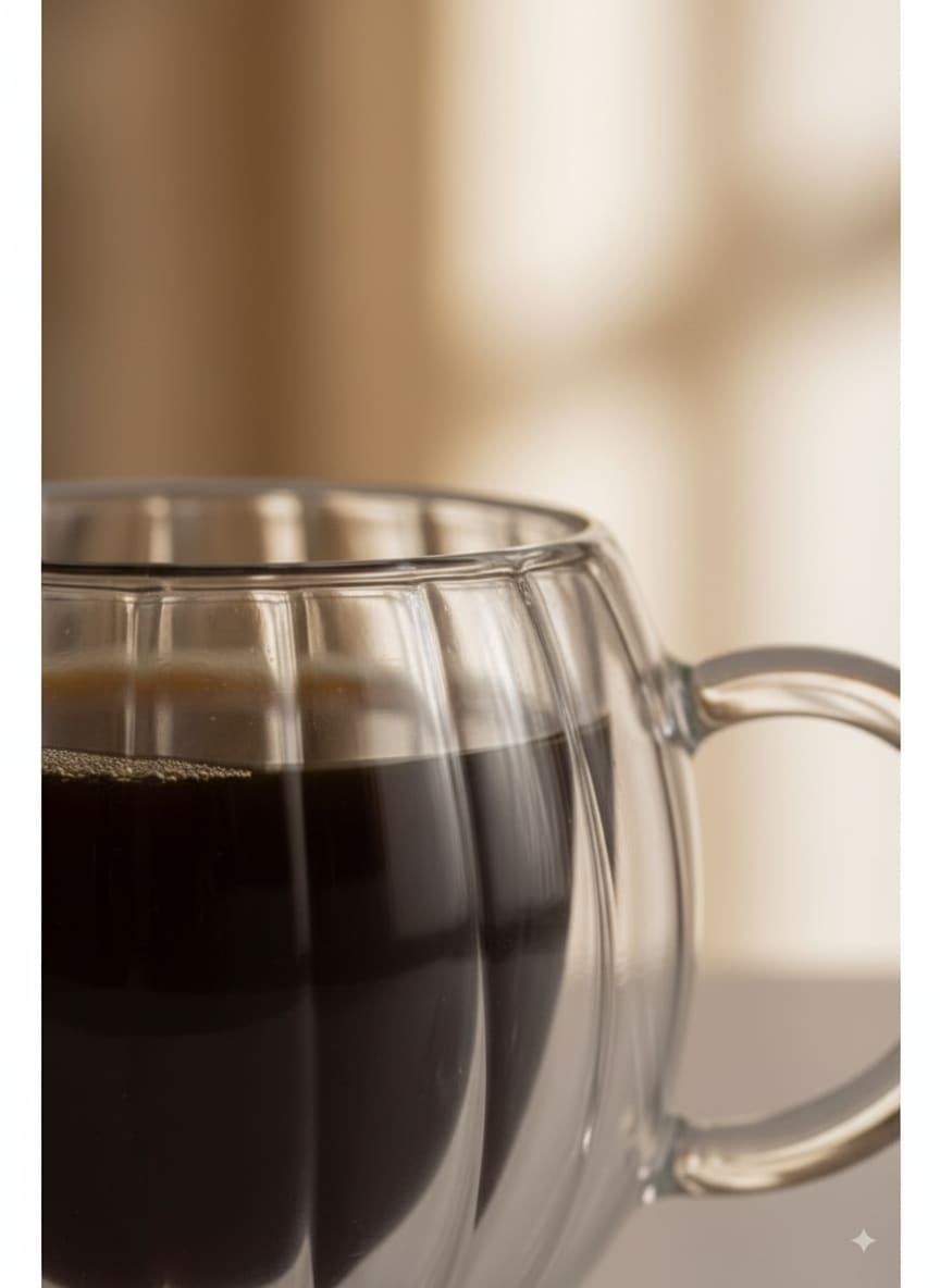 Close-up of the smooth rim and secure grip vertical ribbing on a transparent double-walled coffee cup.