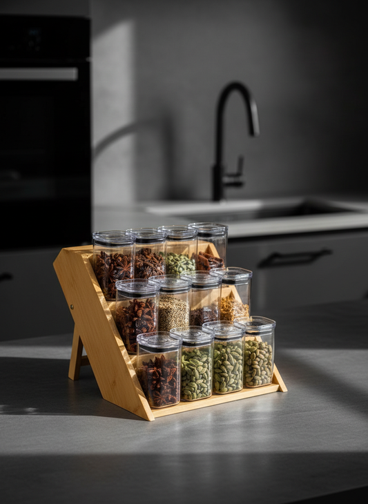 3 Tier Natural Wood Spice Rack with 12 Clear Storage Jars – Elegant Kitchen Organizer