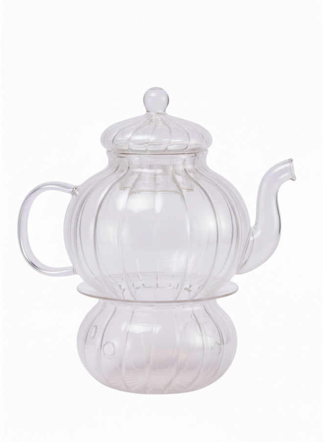 Ribbed Pyrex Double Wall Glass Teapot with Warmer – Elegant Clear Tea Server
