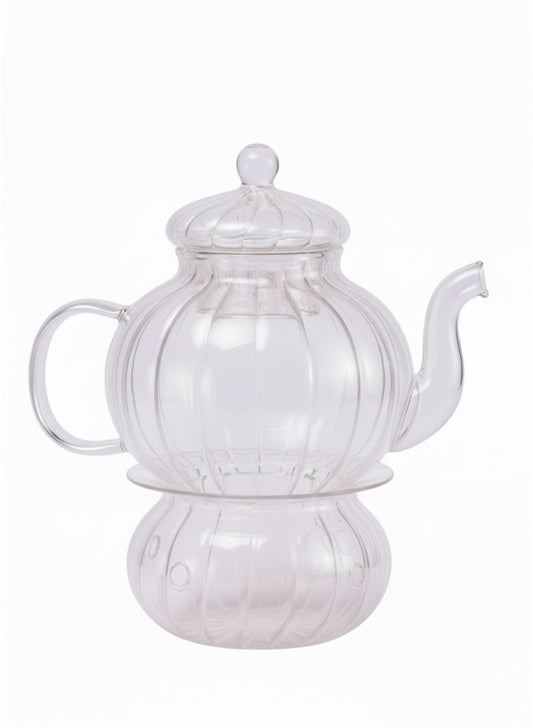 Ribbed Pyrex Double Wall Glass Teapot with Warmer – Elegant Clear Tea Server