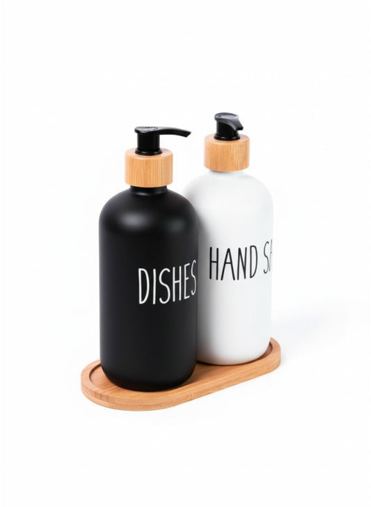 2-Piece Bamboo Top Soap Dispenser Set with Wooden Tray