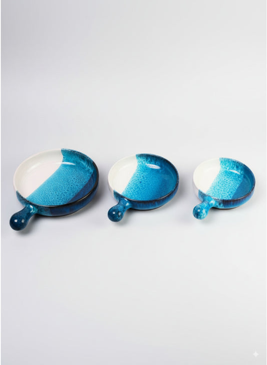3-Piece Pottery Serving Pan Set with Handles – Ocean Blue Reactive Glaze Bowls for Rice, Stew & Mezze