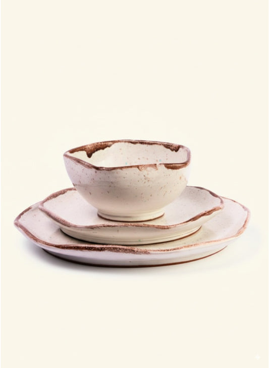4-Piece Pottery Stoneware Dinner Set – Cream Speckled Organic Plates & Bowl