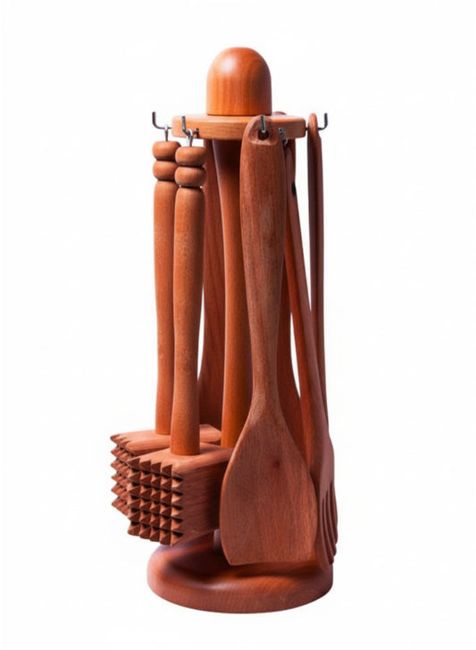 Natural Wood Kitchen Utensil Set with Rotating Stand – Multi-Piece Cooking Tools