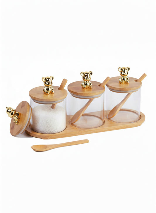 3?Piece Glass Spice Jar Set with Bamboo Lids & Spoons – Bear Knobs + Bamboo Tray