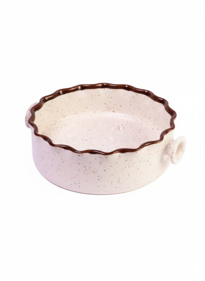Cream Speckled Ceramic Baking Dish with Handles – Scalloped Rim, Oven to Table