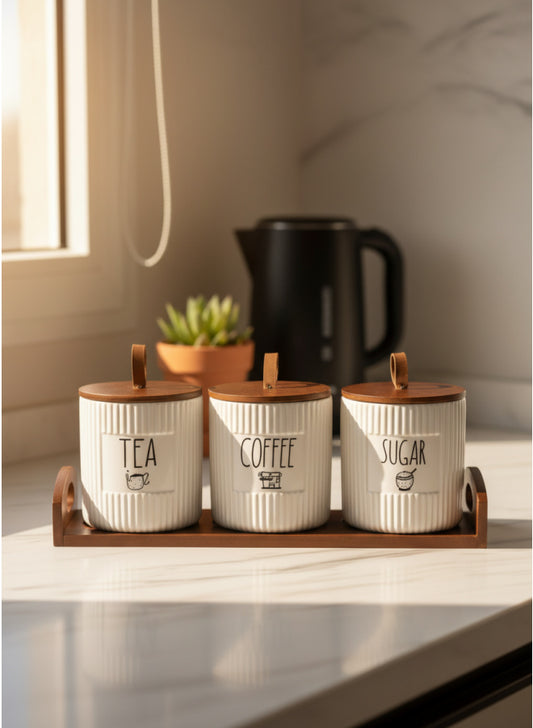 porcelain Canister Set for Tea, Coffee & Sugar with Wood Lids - Kitchen Organizer