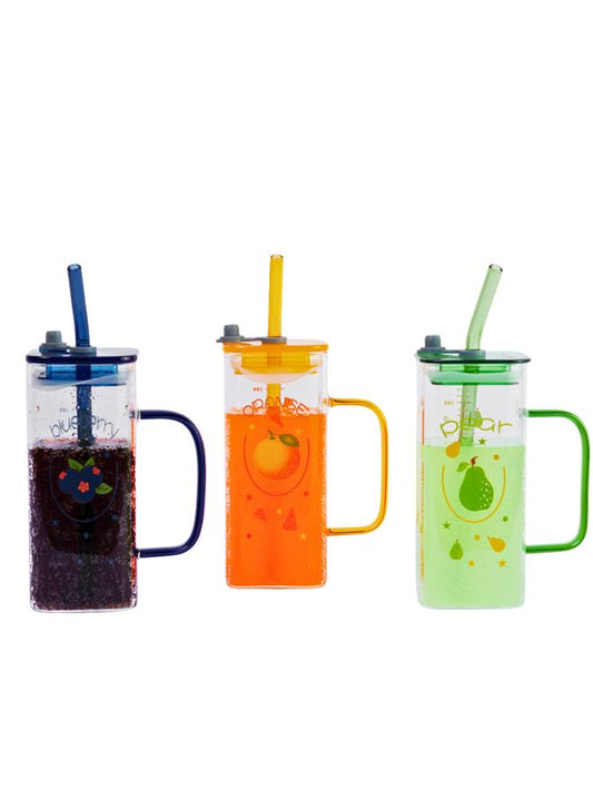 3-Piece Fruit-Themed Glass Tumbler Set with Lids Straws