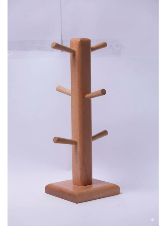 Natural Wood Mug Tree Stand – 6-Peg Countertop Cup Holder