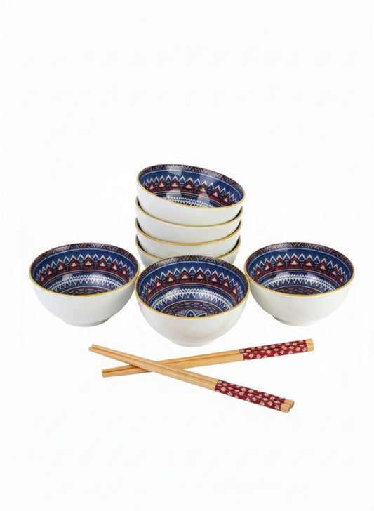 6-Piece Porcelain Rice & Soup Bowl Set – Bohemian Pattern, Gold-Rim Accent
