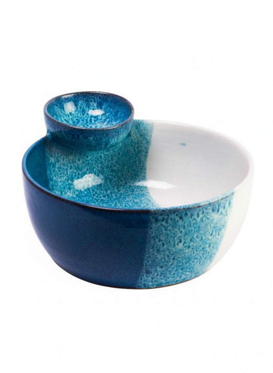 Ocean Blue Ceramic Snack Bowl with Built?In Dip Holder – 2 in 1 Serving Bowl