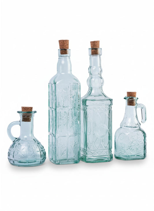 4 Piece Embossed Glass Bottle Set with Natural Cork Stoppers – Vintage Oil, Vinegar & Water Dispensers