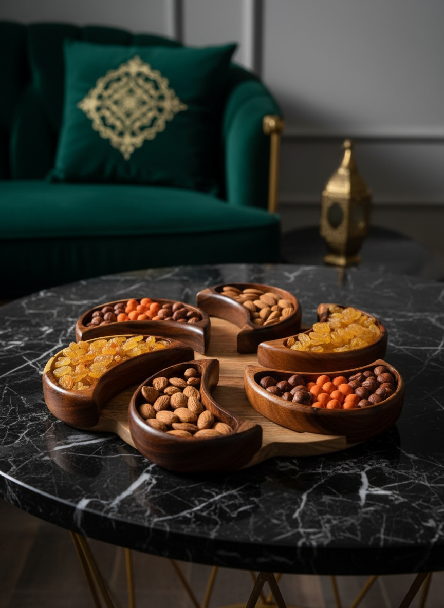 Luxury Rosewood Snack Platter – Fan Shaped Wooden Serving Tray with Multi Compartments