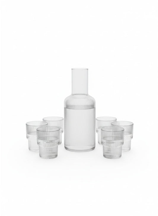 High Quality Ribbed Glass Carafe Set with 6 Tumblers – Clear Water & Juice Serving Set