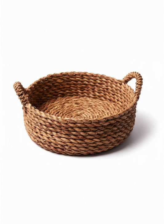 Handwoven Seagrass Serving Basket with Handles – Round Rustic Tray for Bread & Fruit