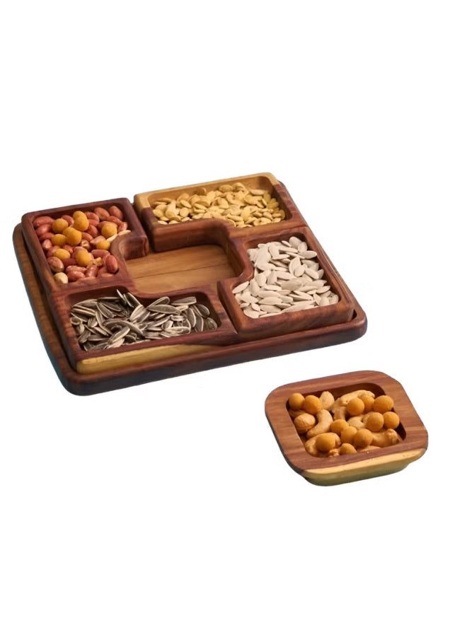 Square Rosewood Snack Platter – Elegant Wooden Serving Tray with 5 Bowls