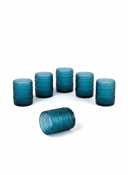 6-Piece Turquoise Glass Tumbler Set Embossed Pattern